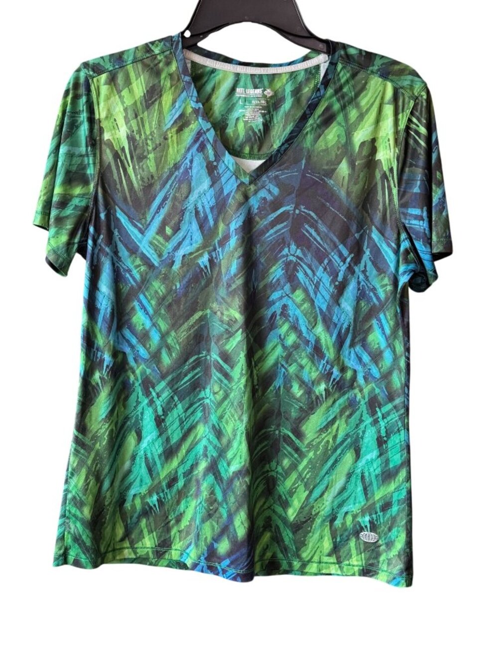 Reel Legends Womens V-Neck Performance Shirt Green/Blue Abstract Print Polyester